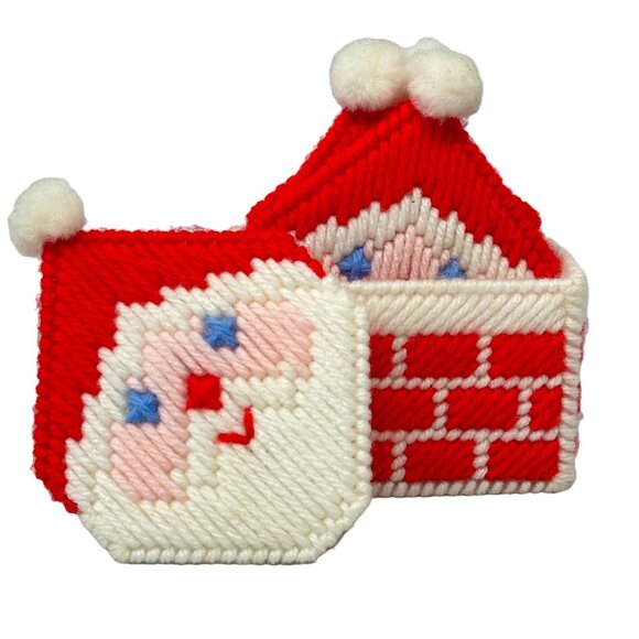 Vintage Santa Claus Coasters Set and Holder Cross Stitch Plastic Canvas - Picture 1 of 6